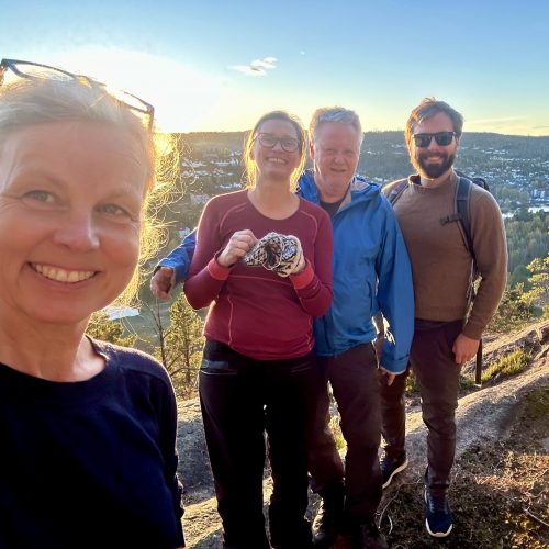 Fire mennesker står og smiler på en topp med flott utsikt.